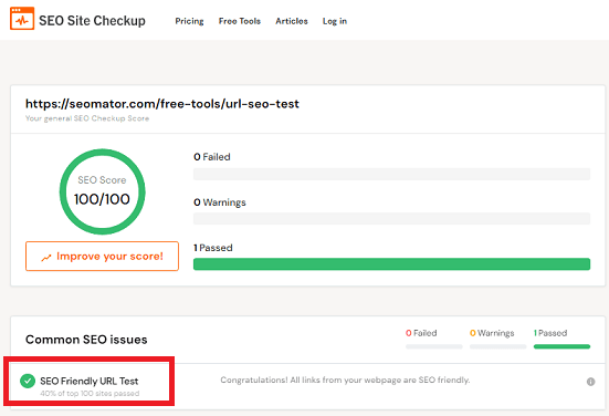 SEO site checkup SEO Friendly URL Test