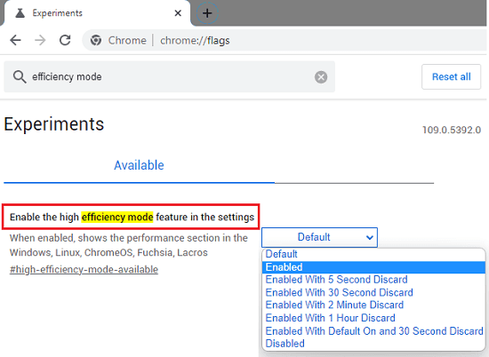 Enable Efficiency Mode in Chrome Memory Saver