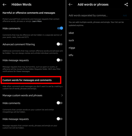 Instagram Hidden Words Custom Words