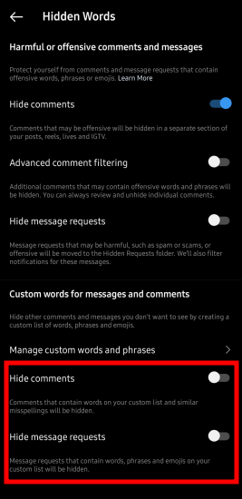 Instagram Hide Comments Message Requests based on Keywords