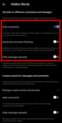 Instagram Hide DM Comments