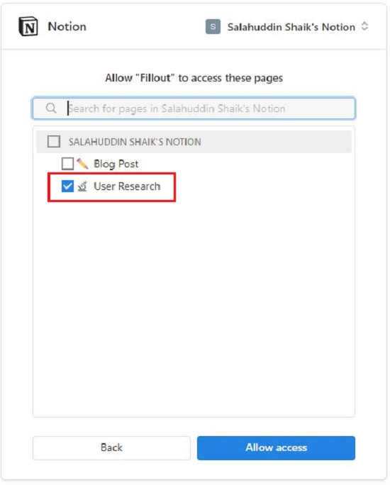Allow Fillout to access Notion pages