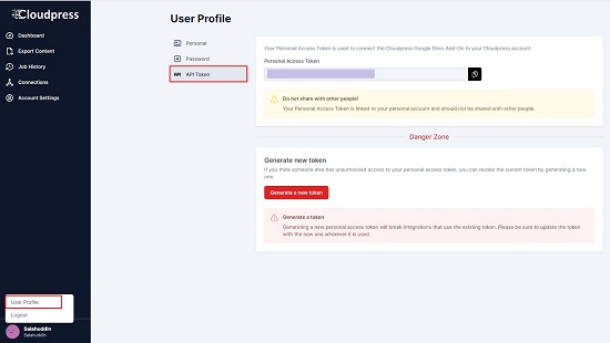 Copy API Token from CloudPress