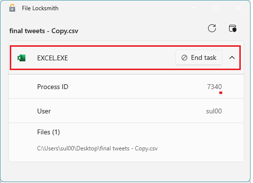 File Locksmith Showing Locking Process on Windows 11