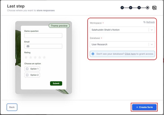 Select Notion workspace and database