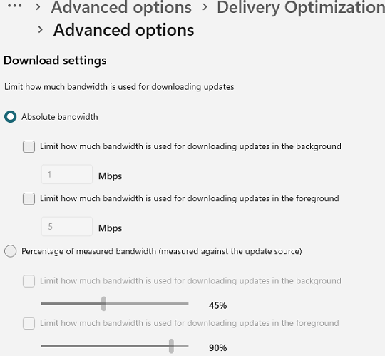 Windows 11 Bandwidth Download Settings for Updates