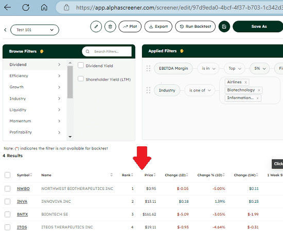 AlphaScreener Filters Applied