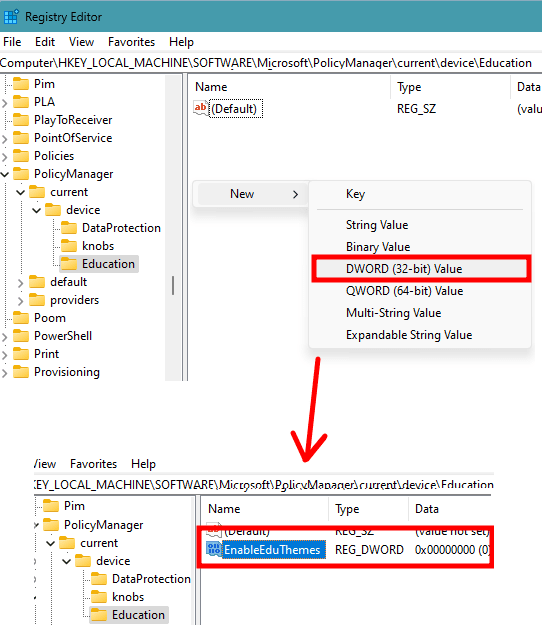 Create a DWORD for Education Themes on Windows 11
