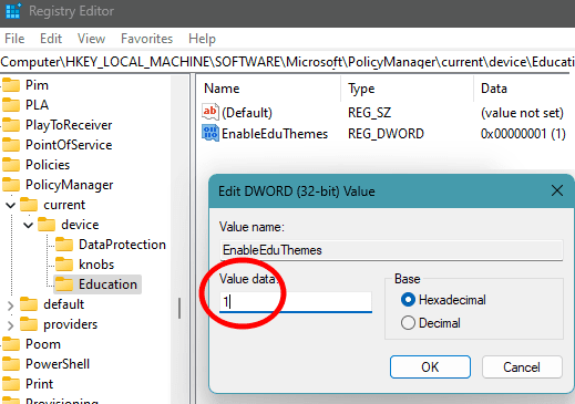 Create a Value for DWORD for Education Themes on Windows 11