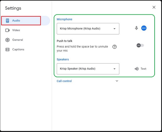 Google Meet Audio settings