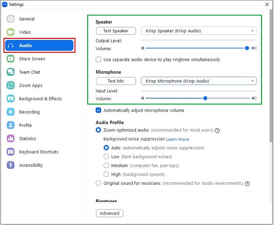 Zoom Audio settings