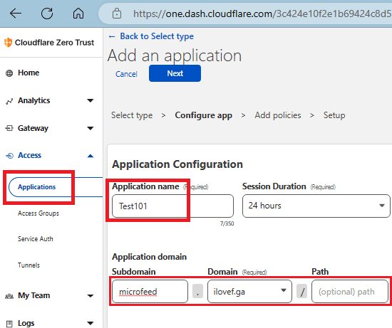 Cloudflare Zero Trust Create Application