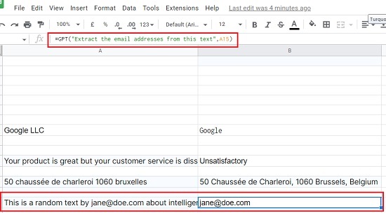 GPT for Sheets - Extra email from text