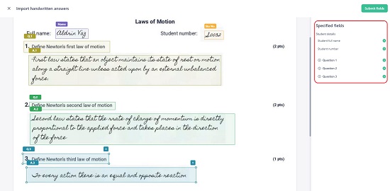 Imported handwritten answers