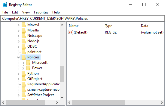 Registry Editor Policies Key