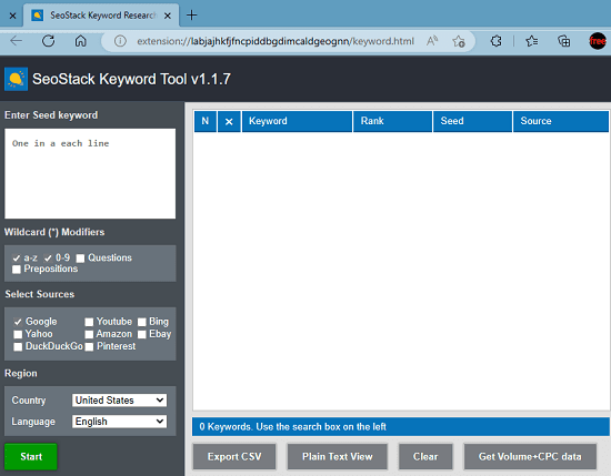 SeoStack Keyword Tool Main Interface