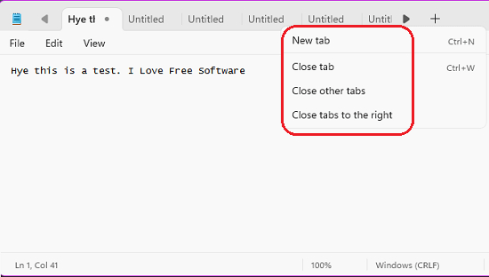 Windows 11 Notepad with tabs options
