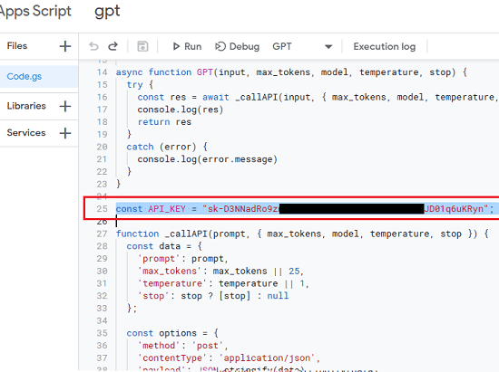 gpt-sheets add API Key