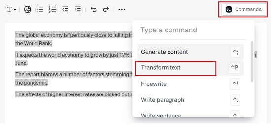 Transform text command