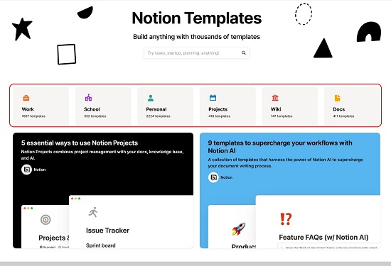 Notion Templates main page