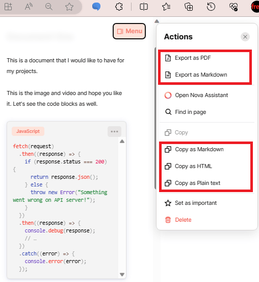 Nova Docs Export Options