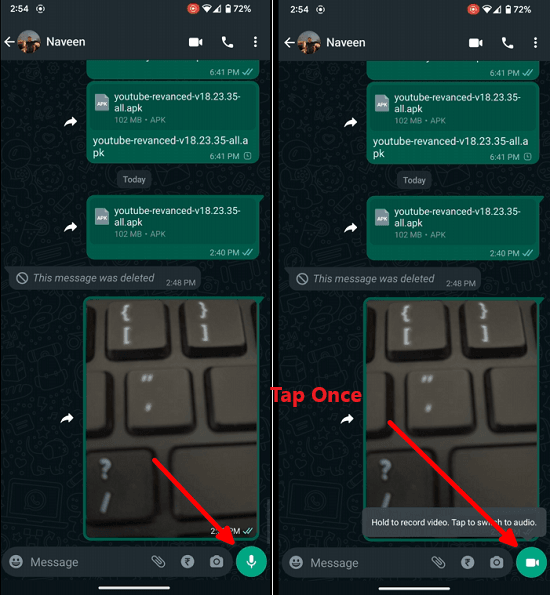 Tap to Record Instant Video Message WhatsAPp