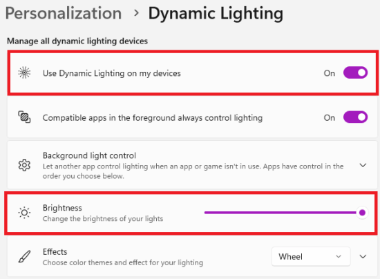 Dynamic Lightning Settings Windows 11