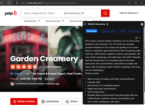 Glarity Summarize Yelp Reviews