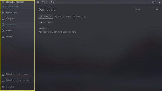 Sigma File Manager Left panel