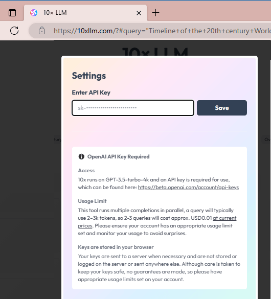 10x LLM Save API Key