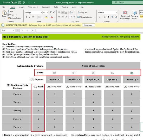 Idea Sandbox Decision Making Tool