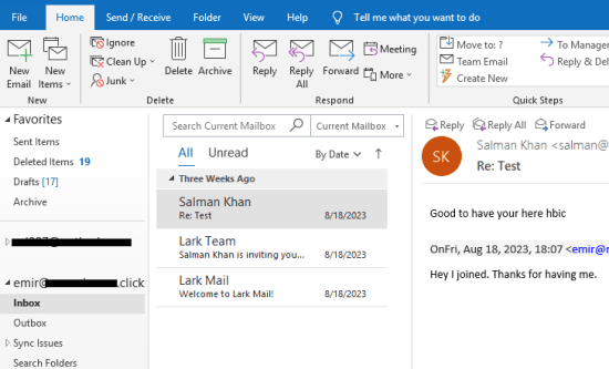 Outlook Lark Mail Setup Completed