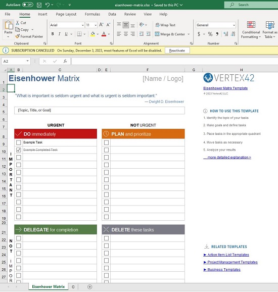 Vertex42 matrix template for Excel