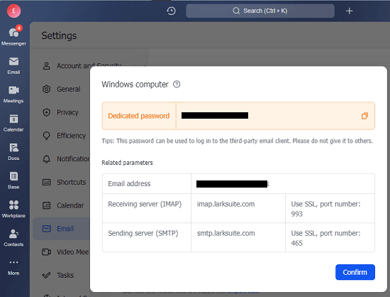 lark imap and smtp settings