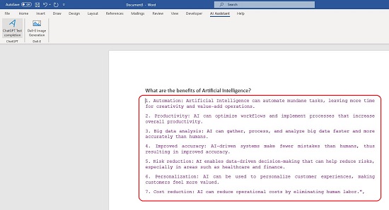 ChatGPT response in Word