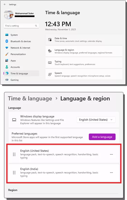 Language and regions ettings