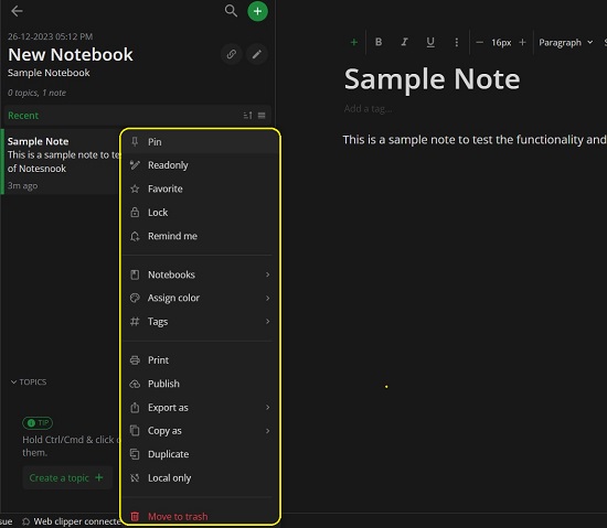 Notes menu