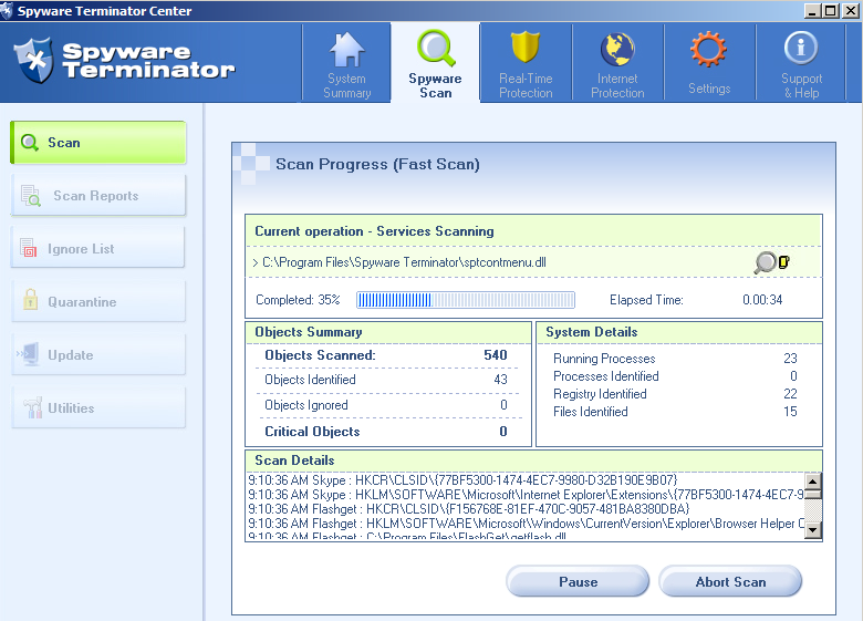 Spyware Terminator's Scan Screen