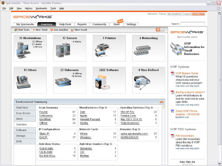 The interface of Spiceworks.