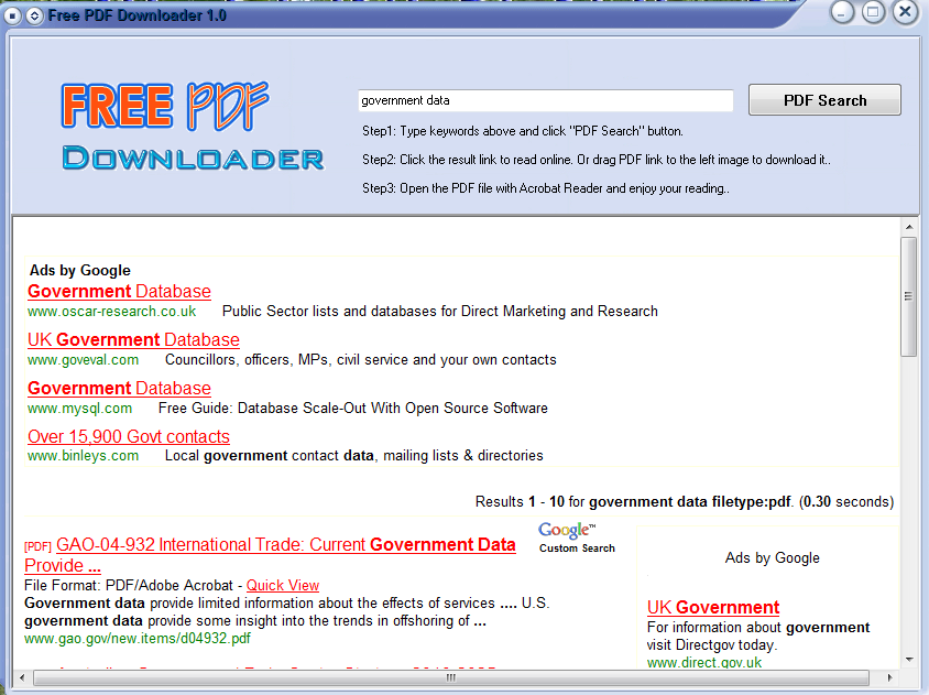 A search for PDF files using Free PDF Downloader.