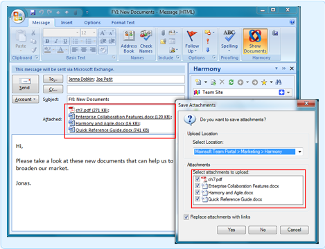 The upload process for an attachment in Harmony for Sharepoint.