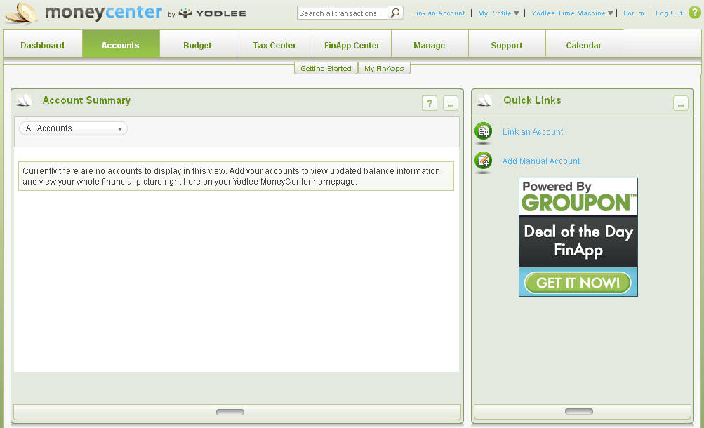 Yodlee Moneycenter defualt