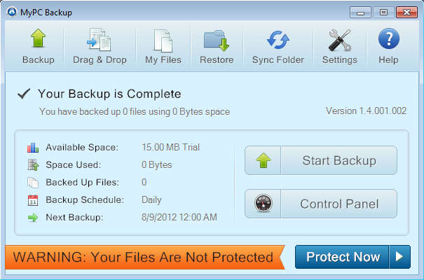 MyPCBackup default window