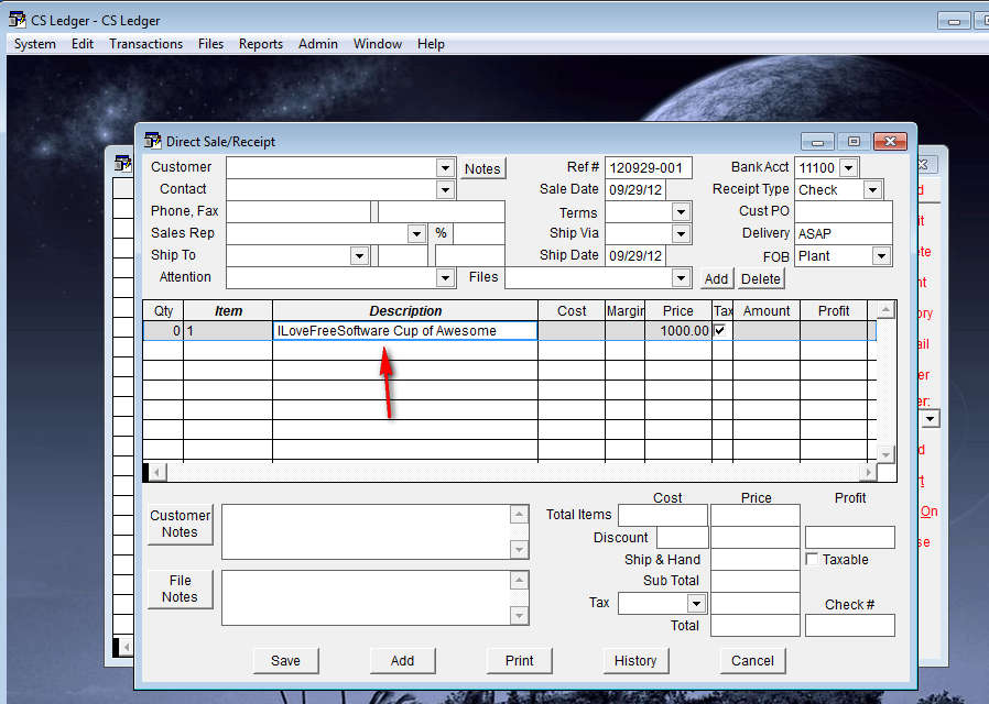 CS Ledger creating receipt